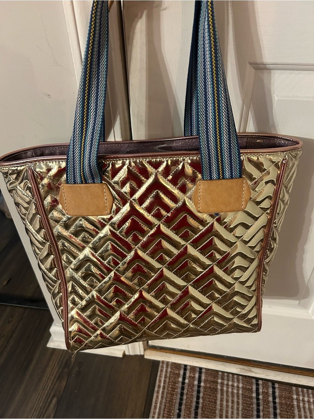 Consuela Metallic Gold Quilted Tote with Blue Striped Handles